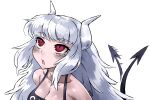  1girl :o bangs bare_shoulders blush breasts cleavage collarbone demon_tail eyebrows_visible_through_hair grey_hair haraya_manawari helltaker horns long_hair looking_up lucifer_(helltaker) mole mole_under_eye open_mouth red_eyes shiny shiny_hair simple_background solo tail tail_wagging upper_body white_background white_horns 