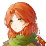  1girl :o bangs defense_of_the_ancients dota_2 earrings eren_(artist) forehead green_eyes highres jewelry long_hair looking_at_viewer open_mouth orange_hair portrait scarf simple_background solo white_background windranger_(dota) 