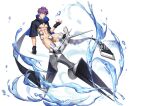  1boy abs bangs bare_pectorals blue_eyes crotch_plate fate/grand_order fate_(series) full_body genderswap genderswap_(ftm) looking_at_viewer male_focus meltryllis_(fate) mosi_l navel navel_hair nipples pectorals pubic_hair pubic_hair_peek purple_hair sample short_hair solo stomach thick_thighs thighs toned toned_male water white_background 