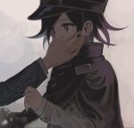  2boys bangs black_cape black_eyes black_hair black_headwear cape danganronpa_(series) danganronpa_v3:_killing_harmony english_commentary flipped_hair grey_background hand_on_another&#039;s_face hand_up hat laaaicha long_sleeves multiple_boys ouma_kokichi portrait sad saihara_shuuichi short_hair simple_background sleeves_past_wrists striped_jacket tearing_up tears 