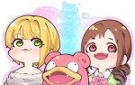  2girls blonde_hair blush bow brown_hair crossover drill_hair fangs gen_1_pokemon green_eyes idolmaster idolmaster_cinderella_girls miyamoto_frederica multiple_girls oohara_michiru pink_eyes pokemon pokemon_(creature) short_hair slowpoke smile sweater takato_kurosuke 