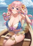 1girl bangs bare_shoulders bikini blue_bikini blush boat bracelet breasts cleavage closed_mouth collarbone eyebrows_visible_through_hair flower hair_flower hair_ornament hands_up highres huge_breasts jewelry long_hair looking_at_viewer navel outdoors paintcan pink_hair princess_connect! purple_eyes sitting smile solo swimsuit thigh_strap thighlet thighs tsumugi_(princess_connect!) twintails water watercraft 