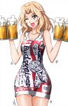  1girl ;d alcohol beer blonde_hair blue_eyes budweiser commentary_request cowboy_shot cup dress girls_und_panzer hair_intakes highres holding holding_cup kay_(girls_und_panzer) long_hair looking_at_viewer motion_lines omachi_(slabco) one_eye_closed open_mouth pantyhose pencil_dress print_dress sheer_legwear short_dress simple_background sleeveless sleeveless_dress smile solo standing white_background white_dress 