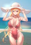  1girl absurdres azur_lane bare_shoulders beach blonde_hair breasts covered_navel day hand_on_headwear hat highres large_breasts long_hair looking_at_viewer manu_(pixiv41646715) off_shoulder official_alternate_costume outdoors parted_lips pink_swimsuit purple_eyes richelieu_(azur_lane) richelieu_(flagship_in_the_sea_breeze)_(azur_lane) swimsuit wet wet_clothes wet_swimsuit white_headwear 