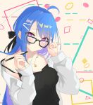  1girl absurdres adjusting_eyewear ahoge alternate_costume anchor_symbol azur_lane bangs bespectacled blue_hair bow casual collarbone commentary_request contemporary eyebrows_visible_through_hair eyes_visible_through_hair glasses hair_between_eyes hair_bow hair_ornament hair_ribbon hairclip head_tilt helena_(azur_lane) highres jewelry long_hair long_sleeves looking_at_viewer necklace purple_eyes ribbon sidelocks simple_background solo spaghetti_strap vayneeeee white_background 