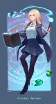  1girl blonde_hair blue_eyes blue_jacket blue_skirt book border closed_mouth crystal_maiden defense_of_the_ancients dota_2 floating forehead full_body gem highres holding holding_wand jacket leaf leggings long_hair long_sleeves looking_at_viewer magical_girl pantyhose polo_shirt potion qianhui school_uniform shirt skirt solo wand white_shirt 