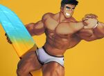  1boy abs bara bare_pectorals bulge dark-skinned_male dark_skin erection erection_under_clothes grey_eyes grin highres holding holding_surfboard large_pectorals looking_to_the_side male_focus male_swimwear muscular muscular_male navel nipples orange_background original pectorals short_hair smile solo stomach surfboard swim_briefs symbol-only_commentary thick_eyebrows thick_thighs thighs uleez undercut white_male_swimwear 