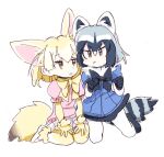  2girls animal_ears bangs black_bow black_hair black_skirt blonde_hair bow brown_eyes closed_mouth common_raccoon_(kemono_friends) fennec_(kemono_friends) frown grey_hair hair_between_eyes kemono_friends kneeling mokeo multicolored_hair multiple_girls open_mouth pantyhose pink_sweater raccoon_ears raccoon_tail short_hair simple_background sitting skirt sweater tail white_background white_hair white_legwear white_skirt yellow_bow yellow_eyes yellow_legwear 