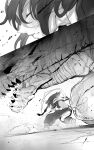  1girl absurdres animal_ears black_hair blood blood_spray brachydios cat_ears closed_eyes greyscale hairband highres midriff monochrome monster_hunter_(series) nargacuga_(armor) niwarhythm scarf weapon 