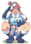  1girl :d blue_eyes blue_footwear blue_gloves blue_jacket boots full_body gloves gym_leader hand_up heart heart-shaped_pupils jacket long_hair looking_at_viewer navel open_mouth pokemon pokemon_(game) pokemon_bw red_hair round_teeth salute short_hair_with_long_locks sidelocks simple_background skyla_(pokemon) smile solo spread_legs squatting steaming_body symbol-only_commentary symbol-shaped_pupils takato_kurosuke teeth white_background wide-eyed 