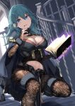  1girl alternate_costume bangs black_cape black_nightgown blue_eyes blue_hair book breasts bridal_gauntlets brown_legwear byleth_(fire_emblem) byleth_(fire_emblem)_(female) cape cleavage clothing_cutout commentary commission fire_emblem fire_emblem:_three_houses hair_between_eyes highres holding holding_book indoors jewelry large_breasts long_hair looking_at_viewer nail_polish navel navel_cutout necklace open_book pantyhose parted_lips shadow sidelocks skeb_commission solo squatting stairs thigh_strap wrist_straps yappen 