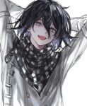  1boy :d arms_behind_head bangs black_hair buttons chain checkered checkered_scarf commentary_request danganronpa_(series) danganronpa_v3:_killing_harmony double-breasted hair_between_eyes highres long_sleeves looking_at_viewer male_focus muuyiie open_mouth ouma_kokichi purple_eyes scarf short_hair simple_background sketch smile solo straitjacket teeth upper_body upper_teeth white_background 