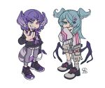  2girls bangs black_footwear black_sweater blue_eyes blue_hair braid chibi dragon_girl dragon_tail dragon_wings elira_pendora fangs gloves grey_overalls grey_pants hair_ornament hair_over_one_eye hairclip head_wings heterochromia lanyard looking_at_viewer low_wings multiple_girls nijisanji nijisanji_en one_eye_covered open_mouth overall_shorts overalls pants purple_eyes purple_hair selen_tatsuki shiogaki siblings single_glove sisters sleeves_past_fingers sleeves_past_wrists smile smug sweater sweatpants tail twin_braids virtual_youtuber white_sweater wings 