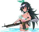  1girl ameli_(girls&#039;_frontline) ass bikini breasts butt_crack cartridge cetme_ameli choker commentary_request covered_nipples cowboy_shot earrings expressionless eyewear_on_head fingerless_gloves from_behind girls&#039;_frontline gloves green_bikini green_choker green_hair green_ribbon gun hair_between_eyes hair_ribbon holding holding_gun holding_weapon ingerdoll jewelry large_breasts long_hair looking_at_viewer looking_back machine_gun messy_hair ocean official_alternate_costume pink_gloves red_eyes ribbon sidelocks skindentation solo strap sunglasses swimsuit tattoo very_long_hair wading water weapon wet white_background 