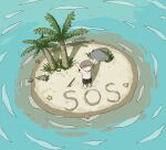  1boy absurdres avogado6 barefoot black_shorts blue_sky brown_hair child commentary dirty from_above hands_up highres looking_at_viewer ocean original palm_tree rock sad seashell shell shirt short_hair shorts sky solo sos starfish stick tree white_shirt 