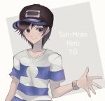  1boy bangs baseball_cap bracelet brown_hair closed_mouth collarbone commentary_request copyright_name elio_(pokemon) hat jewelry male_focus medium_hair nasakixoc pokemon pokemon_(game) pokemon_sm shirt short_sleeves smile solo striped striped_shirt t-shirt upper_body z-ring 