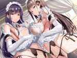  2girls apron apron_lift bangs bare_shoulders black_hair black_legwear black_panties blunt_bangs blush breast_press breasts candelabra closed_mouth curtains elbow_gloves eyebrows_visible_through_hair frilled_apron frills garter_belt garter_straps gloves headdress large_breasts lifted_by_self long_hair looking_at_viewer maid maid_headdress multiple_girls navel neropaso nipples original panties purple_eyes purple_hair see-through side-tie_panties smile thighhighs underwear white_apron white_gloves 