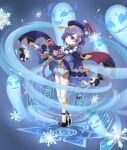  1girl absurdres aura bead_necklace beads coin_hair_ornament dress flaming_eye genshin_impact ghost hat highres huge_filesize jewelry jiangshi mk_(user_hhny7773) necklace purple_dress purple_eyes purple_hair qing_guanmao qiqi_(genshin_impact) snowflakes solo thighhighs wide_sleeves 