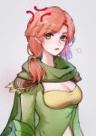  1girl :o absurdres anger_vein bangs beige_background breasts breath cape cleavage defense_of_the_ancients dota_2 eren_(artist) forehead green_eyes highres long_hair long_sleeves looking_at_viewer open_mouth orange_hair ponytail scarf simple_background solo v-shaped_eyebrows windranger_(dota) 