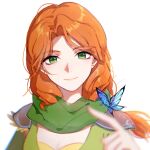  1girl bangs blue_butterfly blurry blurry_foreground breasts bug butterfly cape cleavage closed_mouth defense_of_the_ancients dota_2 earrings eren_(artist) forehead green_eyes highres index_finger_raised insect jewelry long_hair looking_at_viewer orange_hair simple_background smile solo white_background windranger_(dota) 