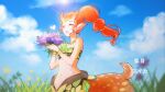  1girl :d absurdres blue_sky bug butterfly centauroid closed_eyes cloud cloudy_sky day defense_of_the_ancients dota_2 enchantress_(dota) eren_(artist) flower forehead grass highres holding holding_flower horns insect jewelry navel necklace open_mouth orange_hair outdoors pointy_ears ponytail purple_flower sky sleeveless smile solo taur 