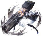  1girl blonde_hair blue_bow bow breasts dress floating_hair gun hair_bow highres holding holding_gun holding_weapon huge_weapon long_hair mechanical_arms mechanical_legs medium_breasts morichika_shuuto original science_fiction shell_casing smile solo v-shaped_eyebrows weapon white_dress 