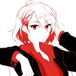  1girl 6_(yuchae) adjusting_hair antenna_hair bangs black_jacket closed_mouth hair_between_eyes honkai_(series) honkai_impact_3rd jacket looking_at_viewer monochrome polo_shirt red_eyes red_hair red_shirt red_theme seele_(alter_ego) seele_vollerei shirt short_hair simple_background sketch solo v-shaped_eyebrows white_background 