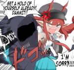  1girl 1other alph_(sancheck) anger_vein arknights black_jacket blurry cabbie_hat doctor_(arknights) emphasis_lines english_text gameplay_mechanics hat helmet highres horns horns_through_headwear jacket jewelry long_hair low_twintails open_mouth pointy_ears punching red_eyes red_hair ring shirt speech_bubble twintails v-shaped_eyebrows very_long_hair vigna_(arknights) white_shirt 