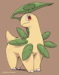  bayleef blush brown_background claws closed_mouth commentary_request full_body gen_2_pokemon kajinchu no_humans orange_eyes pokemon pokemon_(creature) simple_background smile solo standing twitter_username 