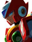  1boy absurdres android armor blonde_hair blue_eyes closed_mouth commentary_request english_commentary helmet highres hoshi_mikan light_smile looking_at_viewer male_focus mega_man_(series) mega_man_x_(series) mixed-language_commentary red_headwear robot_ears simple_background solo upper_body white_background zero_(mega_man) 