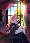  1girl bed blanket breasts cat commission commissioner_upload destiny_(dendroai) freckles hair_over_one_eye highres large_breasts messy_hair morning nyaco33 original red_eyes red_hair sitting solo window 