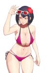  1girl bangs bikini black_hair botis_(megido72) breasts brown_eyes cleavage earrings fingernails flower hair_behind_ear hair_flower hair_ornament halterneck highres jewelry large_breasts megido72 midriff navel onda_(wakiwacky) open_mouth pink_bikini pink_nails red_flower short_hair side-tie_bikini simple_background single_earring solo string_bikini sunglasses swimsuit tan tanlines white_background 