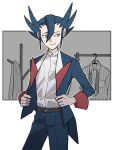  1boy absurdres bangs belt belt_buckle blue_hair brown_belt buckle closed_mouth collared_shirt commentary_request elite_four grey_eyes grimsley_(pokemon) hair_between_eyes highres jacket long_sleeves looking_to_the_side male_focus open_clothes open_jacket pants pokemon pokemon_(game) pokemon_bw shirt short_hair smile solo spiked_hair usarinko white_shirt 