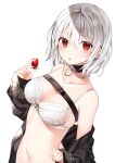  1girl bare_shoulders belt black_choker black_jacket bra breasts choker cleavage collarbone food fruit highres holding jacket long_sleeves looking_at_viewer medium_breasts navel off_shoulder open_clothes open_jacket original parted_lips red_eyes short_hair simple_background solo spaghetti_strap stomach strawberry string_bra underwear upper_body white_background white_bra white_hair yon_(letter) 