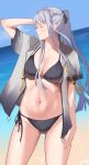  1girl absurdres ak-12_(girls&#039;_frontline) arm_behind_head bangs beach bikini black_bikini blue_sky blurry blurry_background braid breasts cleavage closed_eyes collarbone cowboy_shot eyebrows_visible_through_hair facing_to_the_side girls&#039;_frontline halterneck high_ponytail highres ichinose_(ichinose1592) jacket large_breasts long_hair navel open_clothes open_jacket parted_lips short_sleeves side-tie_bikini silver_hair sky solo stomach string_bikini swimsuit water 