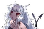  1girl :o bangs bare_shoulders blush breasts cleavage collarbone demon_tail eyebrows_visible_through_hair grey_hair haraya_manawari helltaker horns long_hair looking_up lucifer_(helltaker) mole mole_under_eye open_mouth penis_shadow red_eyes shiny shiny_hair simple_background solo tail tail_wagging upper_body white_background white_horns 