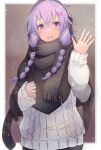  1girl black_scarf blush commentary furrowed_brow hair_tie hand_up highres kujira_hebi light_smile open_mouth poncho purple_eyes purple_hair scarf side_braids sidelocks snowing solo sweater symbol-only_commentary tears upper_body vocaloid voiceroid waving white_sweater yuzuki_yukari 