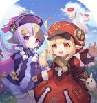  2girls ahoge backpack bag bangs bead_necklace beads blonde_hair blue_sky coin_hair_ornament day dress earrings genshin_impact gloves hair_between_eyes hat jewelry jiangshi klee_(genshin_impact) long_sleeves looking_at_viewer lunaticmed multiple_girls necklace open_mouth outdoors pointy_ears purple_dress purple_eyes purple_hair qing_guanmao qiqi_(genshin_impact) red_dress red_eyes red_headwear sky thighhighs 