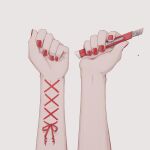  1other absurdres ambiguous_gender avogado6 blood boxcutter commentary cuts fingernails grey_background highres holding holding_boxcutter injury nail_polish original pov pov_hands red_nails red_ribbon ribbon simple_background symbolism 