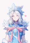  1girl absurdres bangs beige_background blue_eyes closed_mouth crown crystal_maiden defense_of_the_ancients dota_2 eren_(artist) forehead heart highres ice long_hair looking_at_viewer one_eye_closed ribbon short_sleeves simple_background solo white_hair 