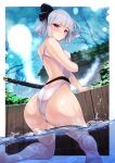  1girl absurdres ass bangs blue_eyes blunt_bangs blush bob_cut breasts competition_swimsuit from_behind highres kneeling konpaku_youmu konpaku_youmu_(ghost) looking_at_viewer looking_back one-piece_swimsuit onsen outdoors shiny shiny_hair shiny_skin short_hair silver_hair sinkai small_breasts solo swimsuit touhou water wet wet_clothes white_swimsuit 