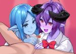  1boy 2girls :d :q ahoge arunira blue_hair blue_sclera blue_skin blush bow bowtie bright_pupils brll censored clothed_female_nude_male collared_shirt colored_sclera colored_skin demon_girl fang ffm_threesome fingernails group_sex hair_between_eyes handjob hetero highres horns long_hair looking_at_penis monster_girl mosaic_censoring multiple_girls nude open_mouth original penis pink_background pink_pupils pointy_ears purple_hair purple_skin red_bow red_eyes red_neckwear shirt skin_fang slime_girl small_penis smile threesome tongue tongue_out white_pupils white_shirt wing_collar 