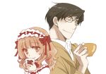  1boy 1girl bangs black_hair blunt_bangs bow brown_eyes brown_hair child closed_eyes cup curly_hair glasses hair_ornament hairband holding kinoshita_sakura koisuru_ojou-sama_wa_papa_to_yobitakunai lolita_fashion lolita_hairband long_hair puffy_short_sleeves puffy_sleeves sakaki_karen short_hair short_sleeves smile sweet_lolita yahiro_masamune 