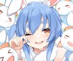  1girl ;d anbasa_(amaneyuz13) animal_ears blue_hair blush braid bunny bunny-shaped_pupils carrot_hair_ornament creature crying fingernails food-themed_hair_ornament hair_ornament happy_tears highres hololive long_hair looking_at_viewer one_eye_closed open_mouth orange_eyes pekodam portrait rabbit_ears rabbit_girl short_eyebrows smile solo tears thick_eyebrows twin_braids twintails usada_pekora virtual_youtuber wiping_tears 