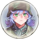  1girl bangs border camouflage camouflage_helmet camouflage_jacket closed_mouth company_of_heroes german_army green_eyes hair_between_eyes hat helmet jacket medium_hair military military_hat military_jacket military_uniform mole mole_under_mouth original purple_hair solo uniform v-shaped_eyebrows world_war_ii zhainan_s-jun 