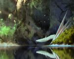  1boy absurdres albino animal armor bird commentary dragon english_commentary fishing fishing_rod from_side glowing glowing_eyes grass highres kalmahul lake original reflection scenery solo standing water 