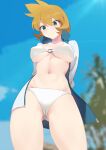  1girl bangs bikini blurry blurry_background breasts cameltoe closed_mouth commentary day eyelashes flipped_hair from_below green_eyes gym_leader hair_between_eyes highres jacket looking_down misty_(pokemon) momihige navel open_clothes open_jacket orange_hair outdoors pokemon pokemon_(game) pokemon_hgss short_hair sky smile solo swimsuit white_bikini white_jacket zipper zipper_pull_tab 
