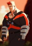  1boy baby bara blue_bodysuit blue_eyes bodysuit boku_no_hero_academia child facial_hair father_and_son feet_out_of_frame glasses goatee highres large_pectorals male_focus mature_male muscular muscular_male pectorals red_hair short_hair sideburns solo spiked_hair stormcallart stubble thick_thighs thighs todoroki_enji todoroki_shouto walking younger 
