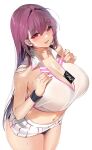  1girl bangs between_breasts black_panties blush breasts cleavage collarbone commentary_request condom condom_wrapper damda eyebrows_visible_through_hair fate/grand_order fate_(series) large_breasts long_hair looking_at_viewer midriff navel panties purple_hair red_eyes scathach_(fate)_(all) simple_background skirt smile solo sportswear sweat tennis_uniform underwear white_background white_skirt 