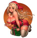  1girl absurdres bell blonde_hair breasts christmas christmas_ornaments cleavage dress elf english_commentary gift green_eyes high_heels highres kneeling large_breasts neck_bell original pointy_ears ravenousruss red_dress red_headwear solo thighhighs white_legwear 